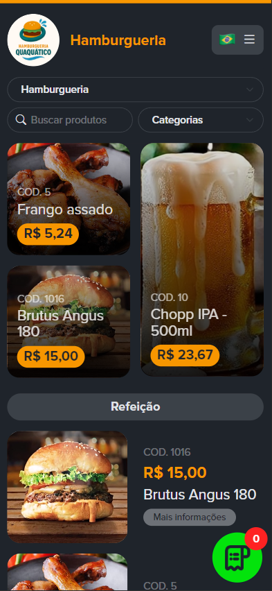 Tela inicial do cardápio web