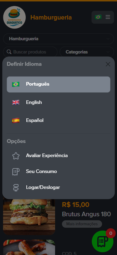 Menu com seleção de idiomas