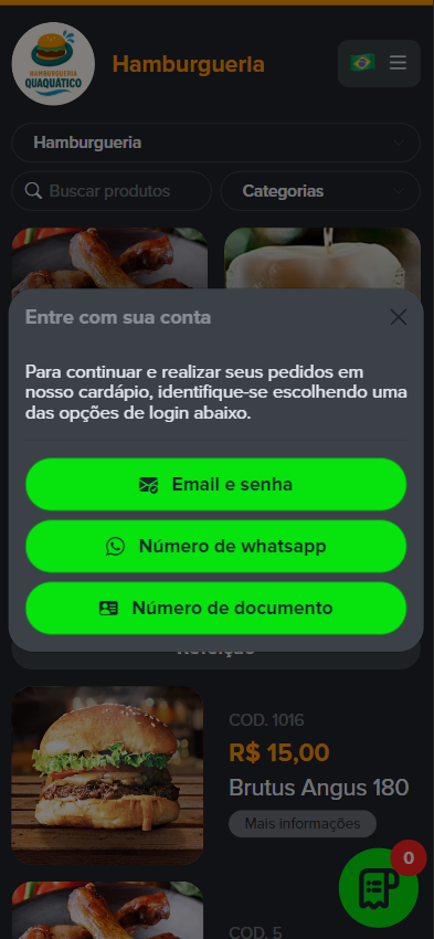 Formas de identificação/entrada no cardápio